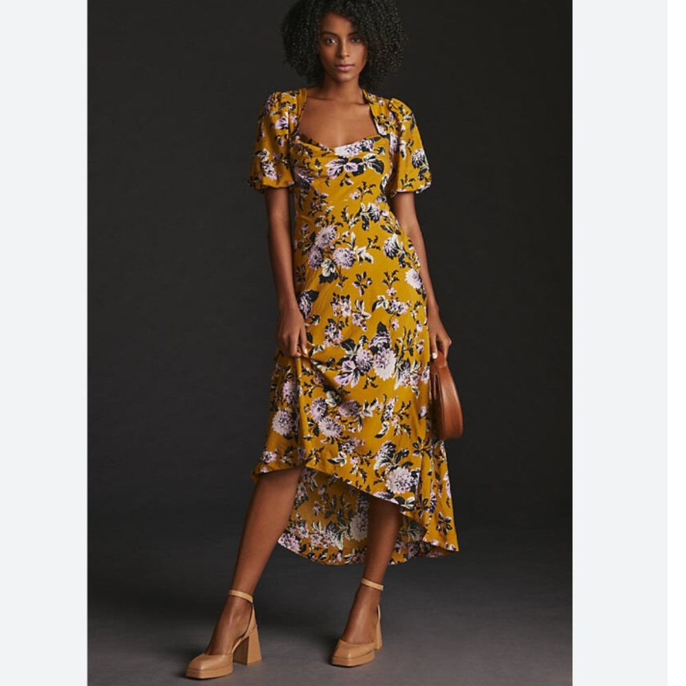 {Anthropologie} Maeve Puff-Sleeve Dress Gold w/Pockets